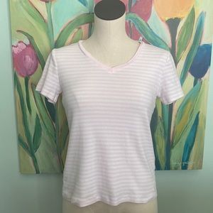 Pink & white striped Nautica v neck tee, size medium.